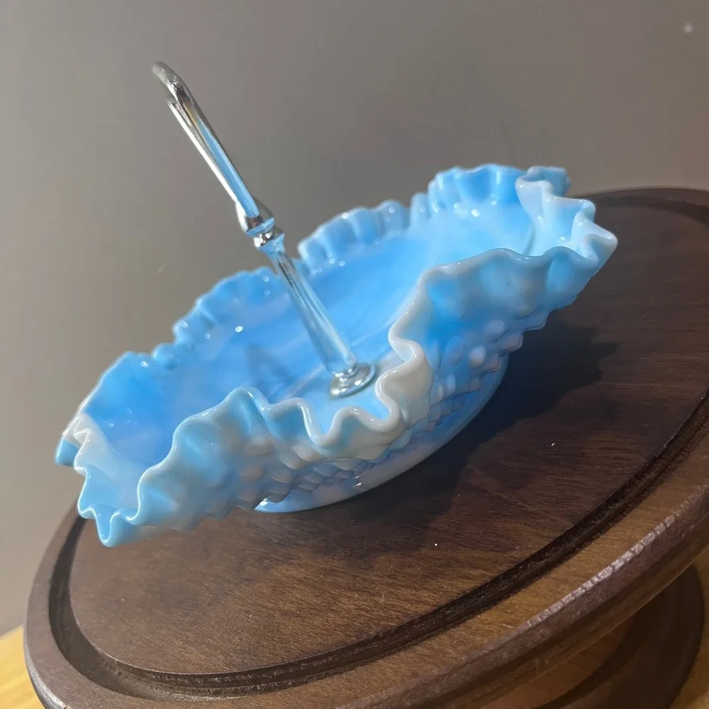 Vtg Fenton Blue Slag Glass Hobnail Ruffled Tidbit Tray Serving Dish 8